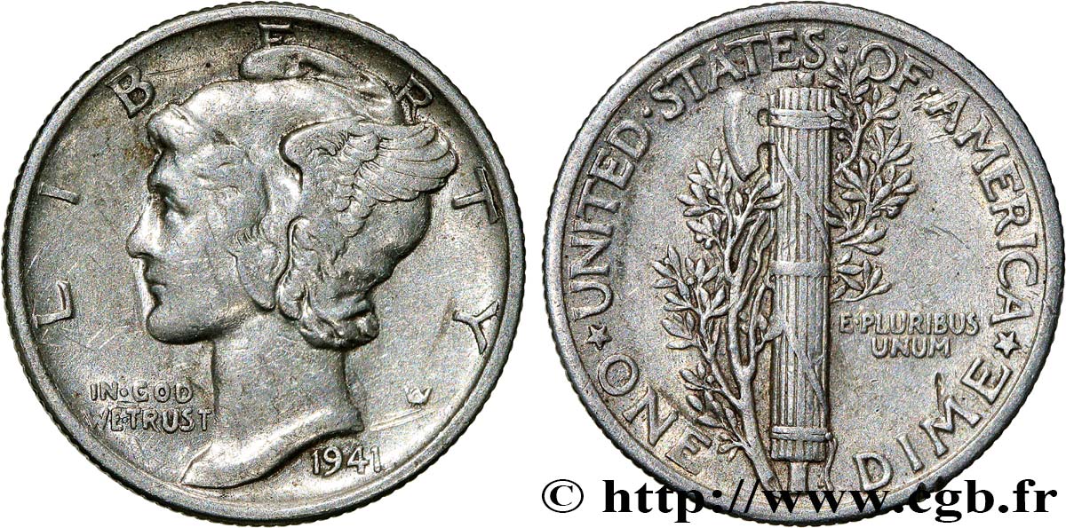 UNITED STATES OF AMERICA 1 Dime Mercury 1941 Philadelphie XF