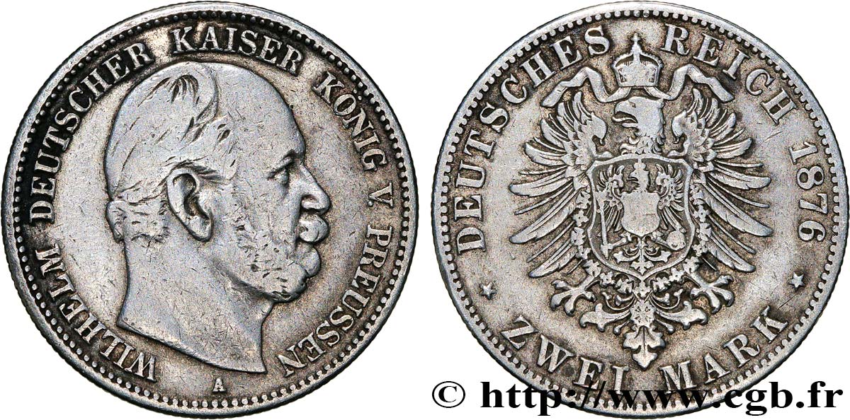 GERMANY - PRUSSIA 2 Mark Guillaume Ier 1876 Berlin VF