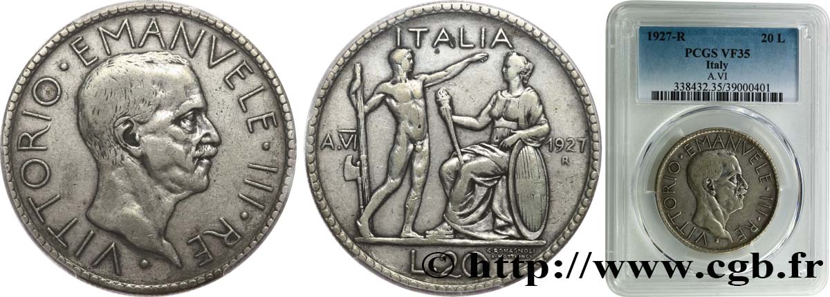 ITALY - KINGDOM OF ITALY - VICTOR-EMMANUEL III 20 Lire 1927 Rome  VF35 PCGS