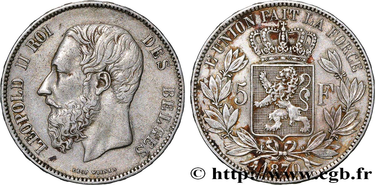 BELGIQUE 5 Francs Léopold II 1870 TB+
