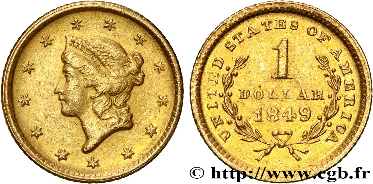 VEREINIGTE STAATEN VON AMERIKA 1 Dollar Or  Liberty head , 1er type 1849 Philadelphie fVZ 