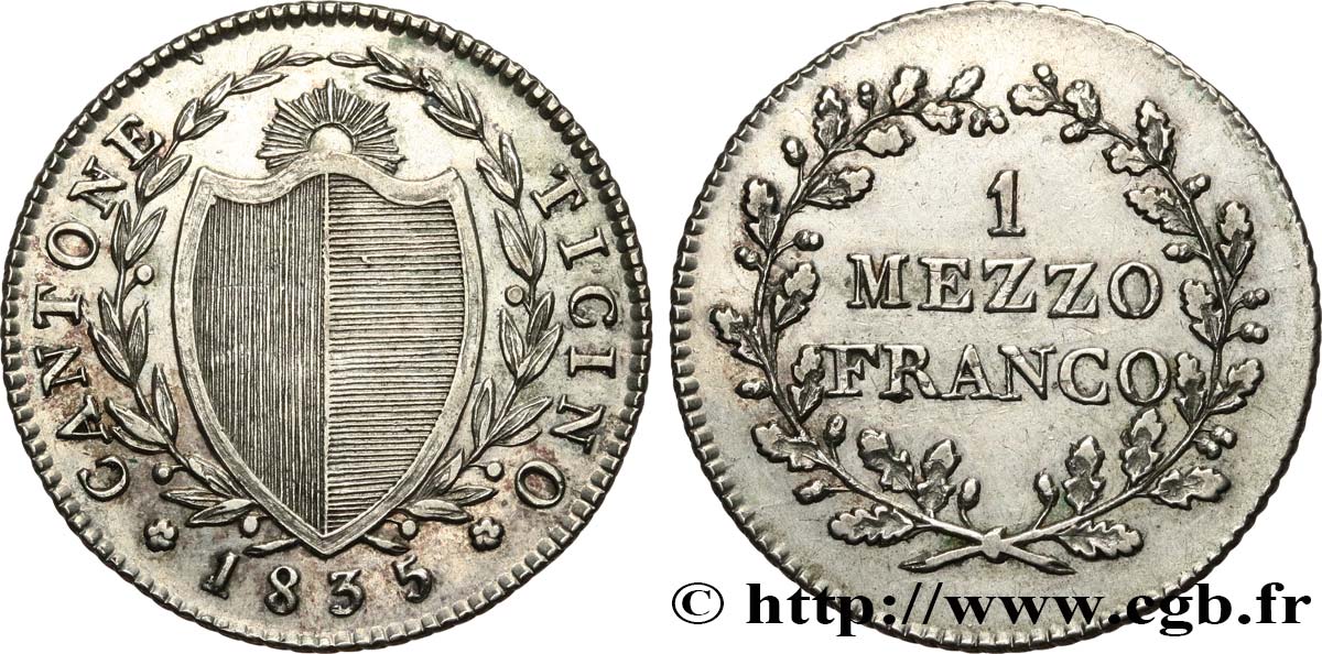 SVIZZERA - CANTON TICINO 1 Mezzo Franco (1/2 Franc) 1835  q.SPL 