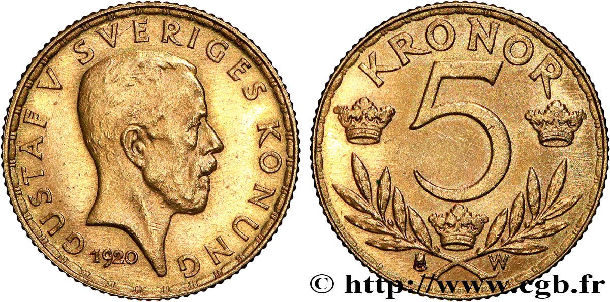 SUÈDE 5 Kronor Gustave V 1920  SPL 