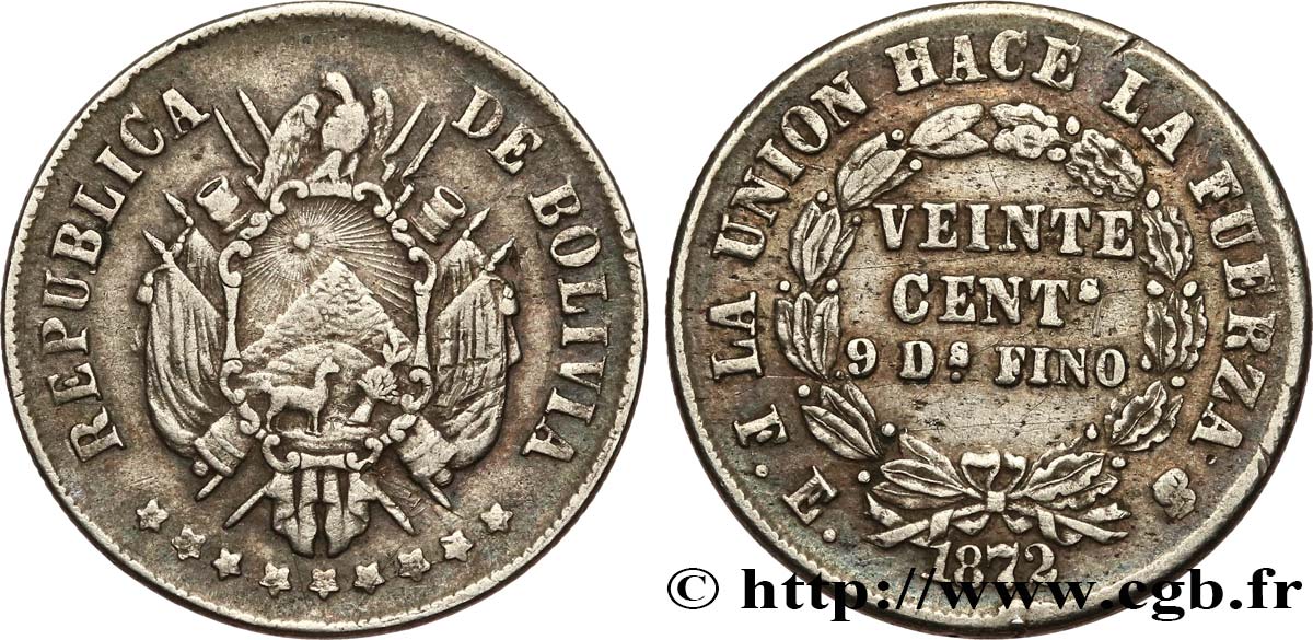 BOLIVIA 20 Centavos 1872 Potosi XF 