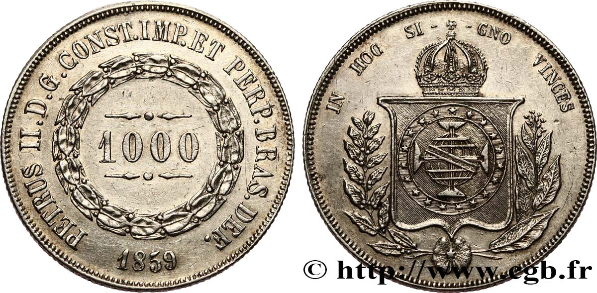 BRASILIEN 1000 Reis Empereur Pierre II 1859  fVZ 