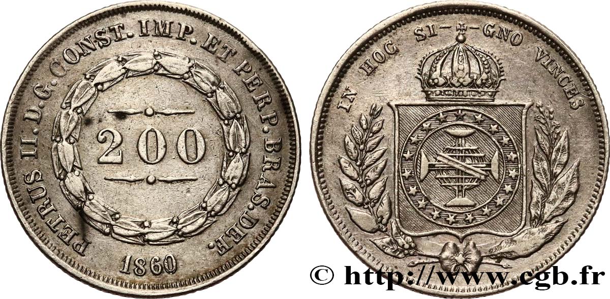 BRAZIL 200 Reis Pierre II 1860  AU 
