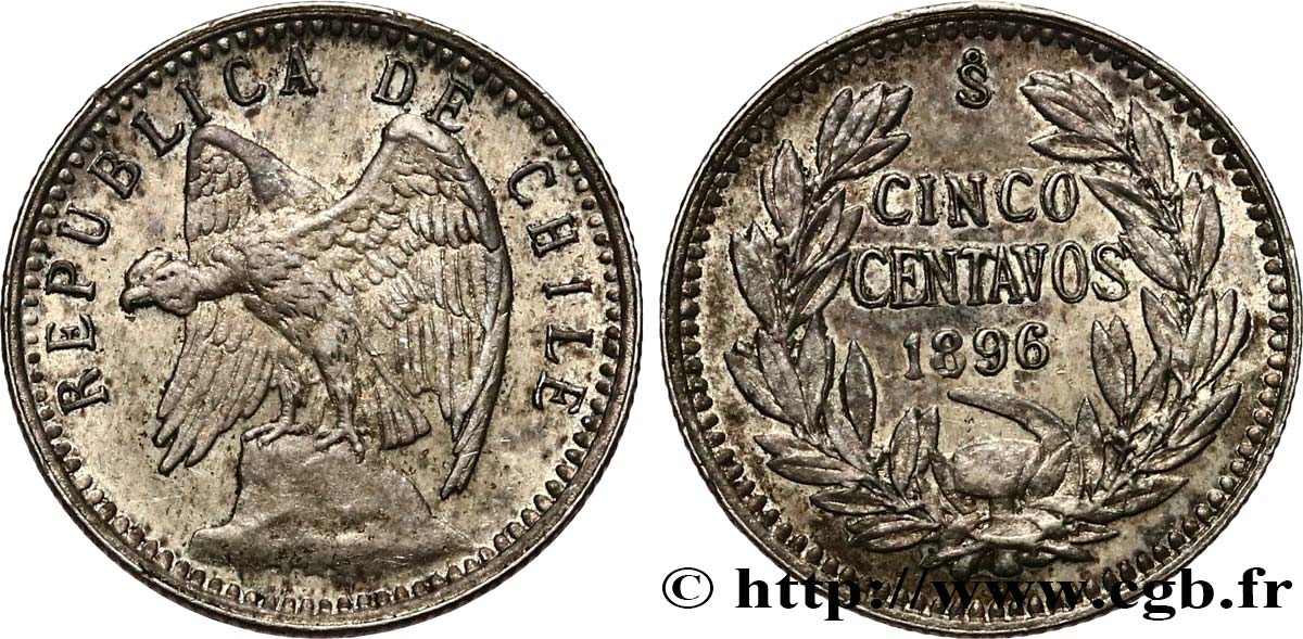 CILE 5 Centavos condor 1896 Santiago - S° SPL 