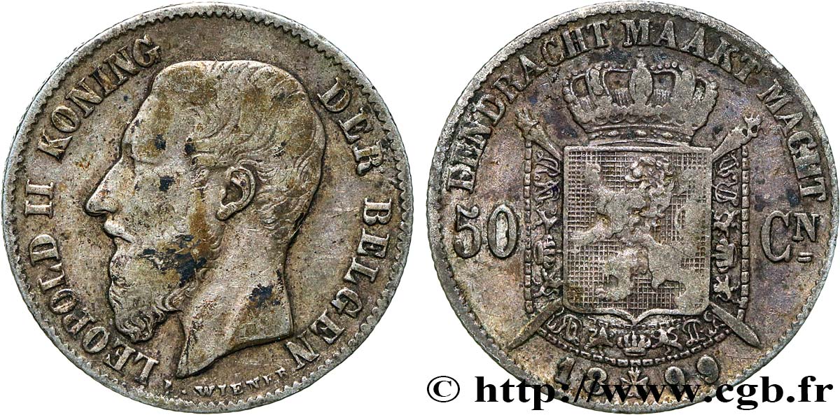 BELGIQUE 50 Centimes Léopold II légende flamande 1899 TB+