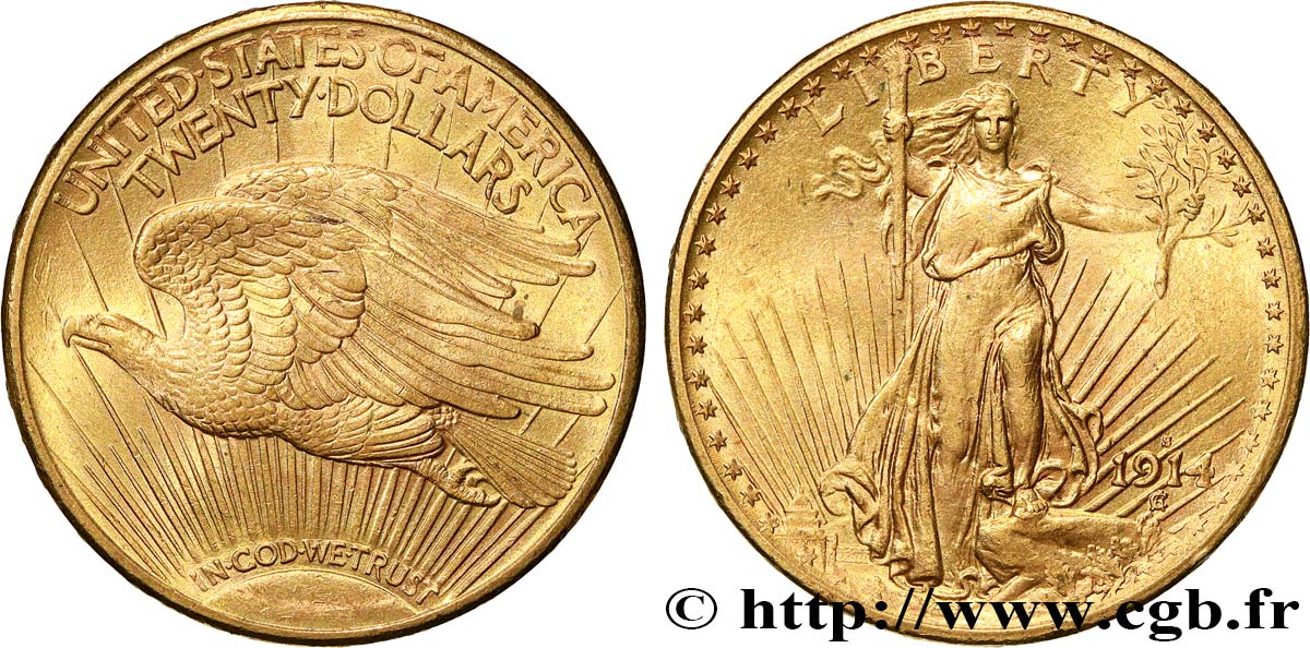 INVESTMENT GOLD 20 Dollars  Saint-Gaudens” 1914 San Francisco AU/AU 