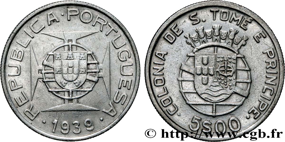 SAO TOME AND PRINCIPE 5 Escudos colonie portugaise 1939  XF 