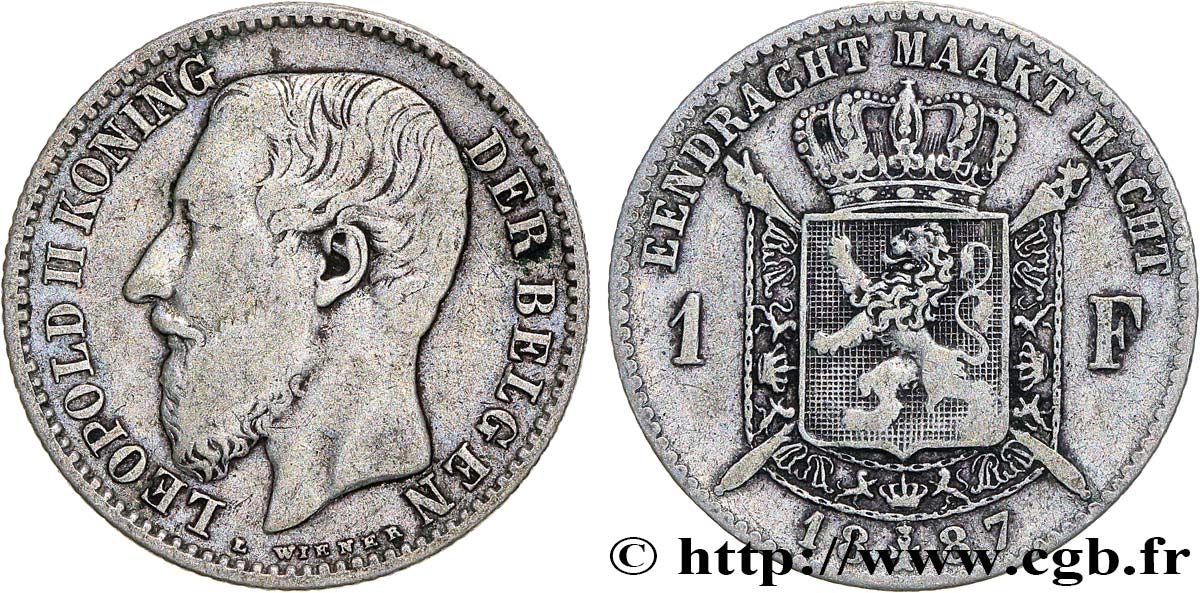 BELGIEN 1 Frank (Franc) Léopold II légende flamande signature L WIENER 1887 fSS