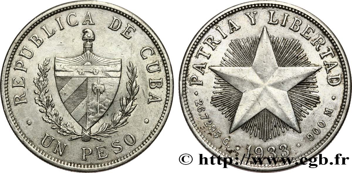 CUBA 1 Peso 1933  XF/AU 