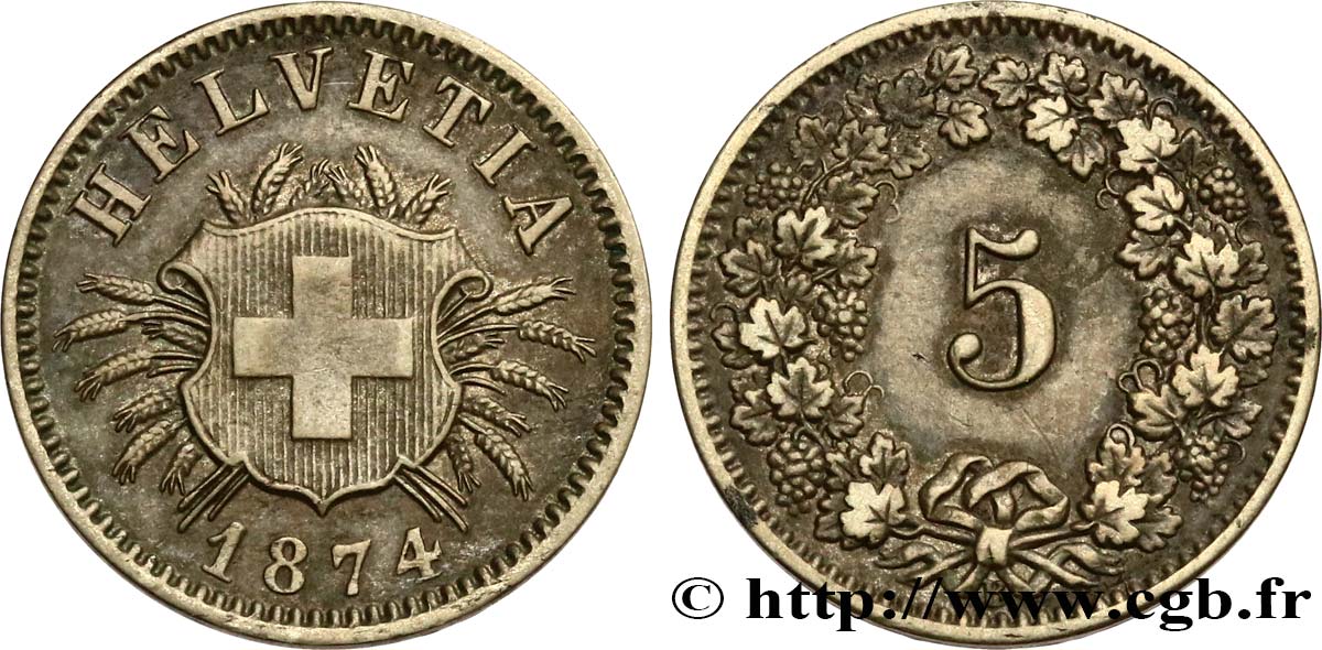 SWITZERLAND 5 Centimes (Rappen) 1874 Berne XF 
