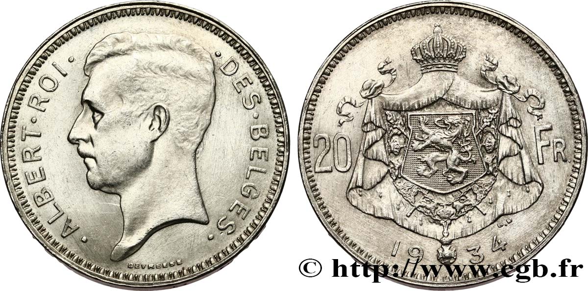 BELGIO 20 Francs Albert Ier légende Française 1934 BB