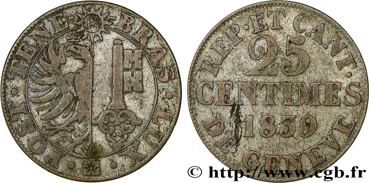 SUISSE - RÉPUBLIQUE DE GENÈVE 25 Centimes 1839 TTB
