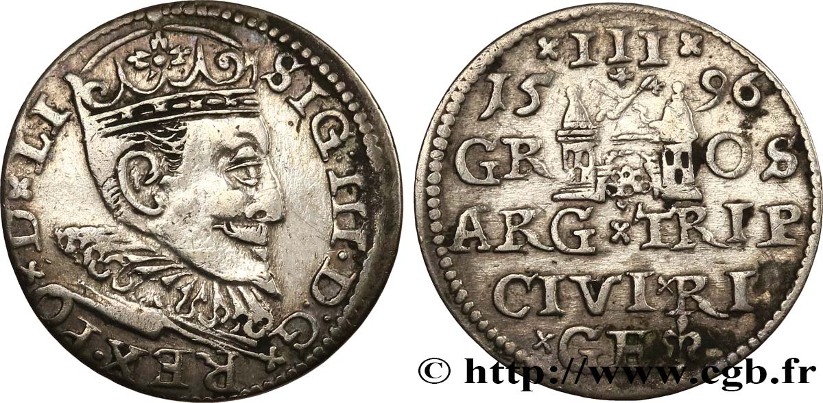 POLAND - SIGISMUND III VASA 3 Groschen 1596 Riga XF 