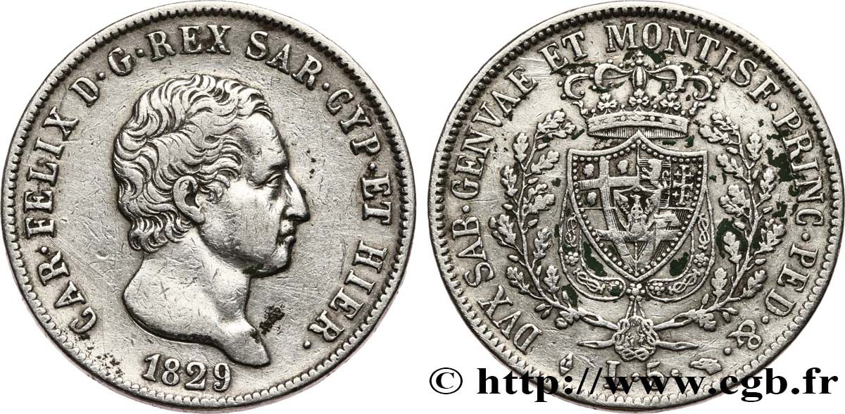 ITALY - KINGDOM OF SARDINIA - CHARLES-FELIX 5 Lire  1829 Turin XF 