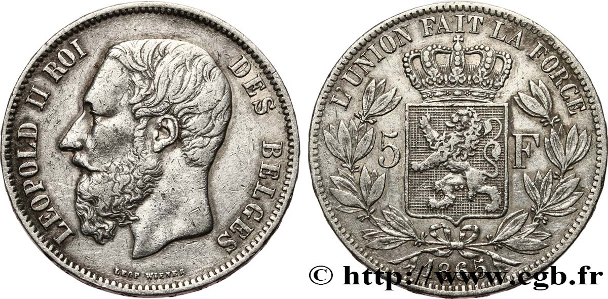 BELGIUM 5 Francs Léopold II 1865  VF 