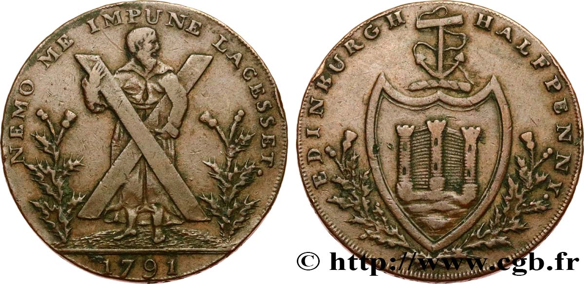 SCOTLAND 1/2 Penny token Contrefaçon d’Hutchison 1791 Edimbourg XF 