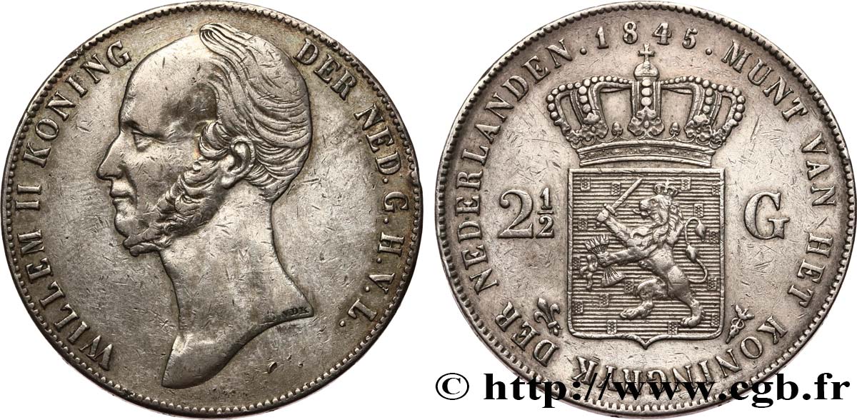 NETHERLANDS 2 1/2 Gulden Guillaume II 1845 Utrecht XF 