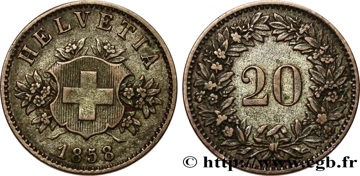 SWITZERLAND 20 Centimes (Rappen) croix suisse 1858 Berne XF 