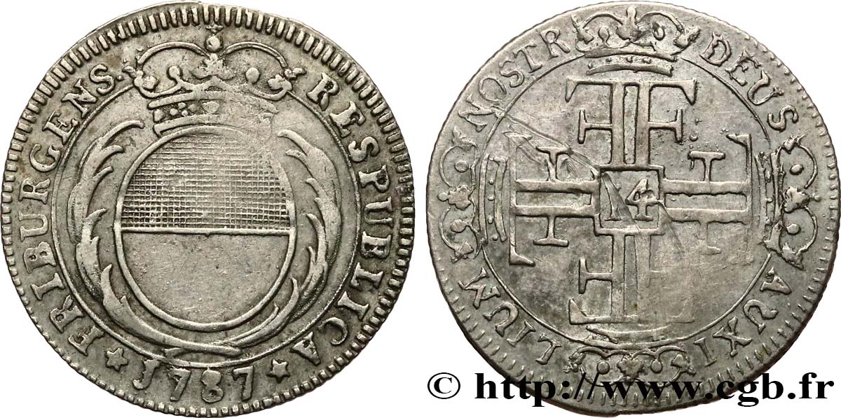 SWITZERLAND - CANTON OF FRIBOURG 14 Kreuzer (1/4 Gulden) 1787  VF 