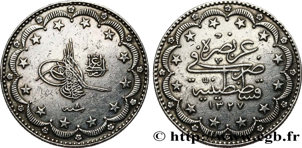 TURKEY 20 Kurush au nom de Mehmed V Resad AH1327 an 8 1916 Constantinople XF 