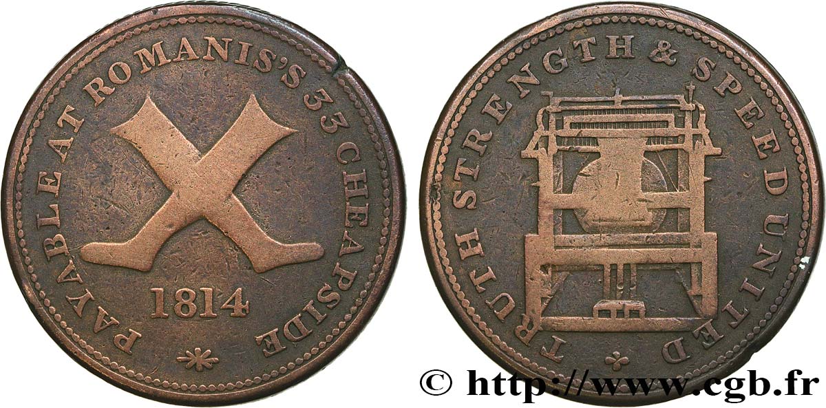 BRITISH TOKENS OR JETTONS 1/2 Penny Londres (Middlesex) Romanis’s  1814  XF 