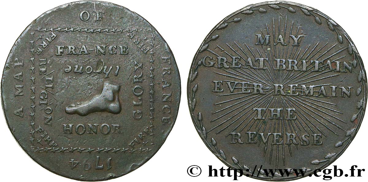 BRITISH TOKENS OR JETTONS 1/2 Penny France (série politique et sociale - Middlesex) 1794  AU 