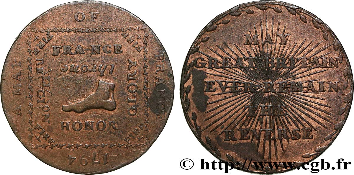 BRITISH TOKENS OR JETTONS 1/2 Penny France (série politique et sociale - Middlesex) 1794  AU 