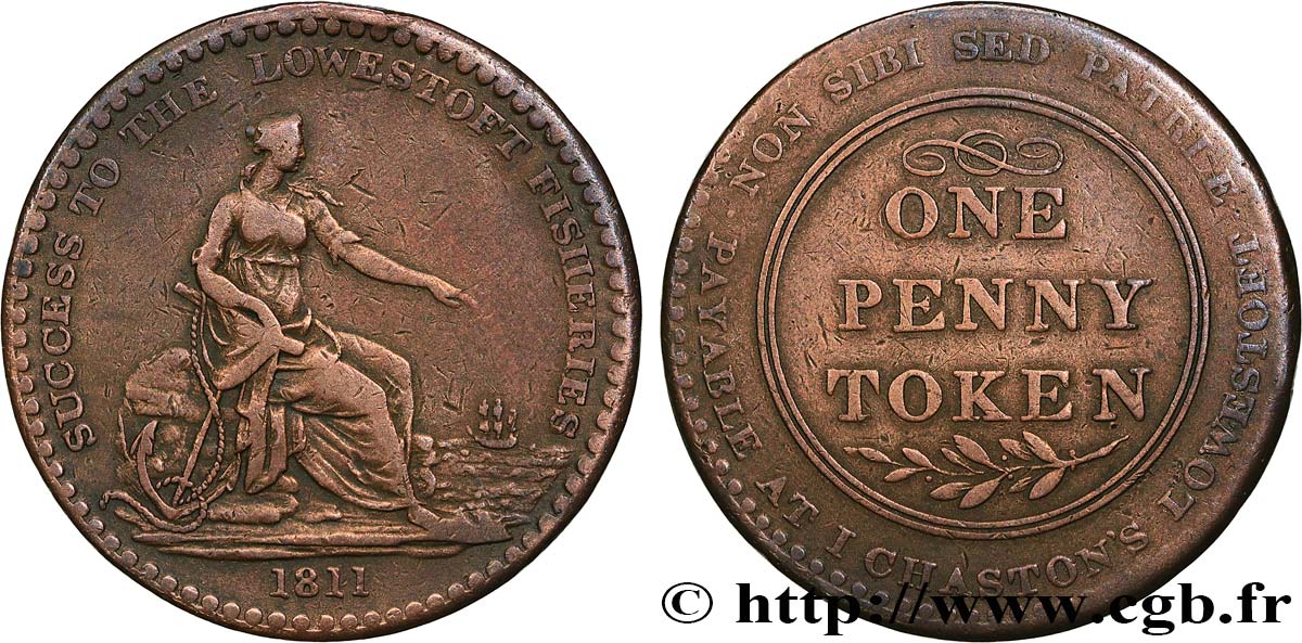 BRITISH TOKENS OR JETTONS 1 Penny Lowestoft (Suffolk)  1811  VF 