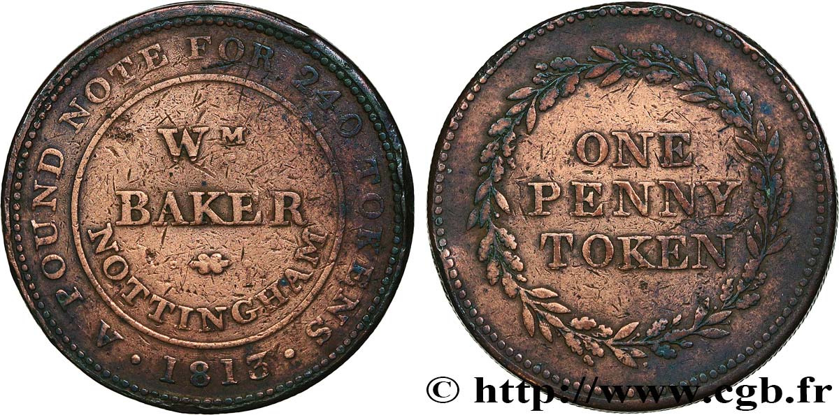 BRITISH TOKENS OR JETTONS 1 Penny Nottingham 1813  VF 