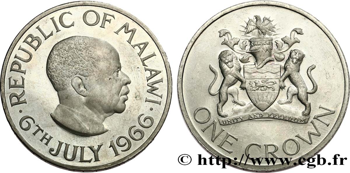 MALAWI 1 Crown Proof Hastings Kamuzu Banda / emblème 1966  SC 