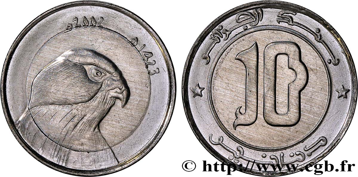 ALGERIA 10 Dinars tête de faucon an 1422 2002  MS 