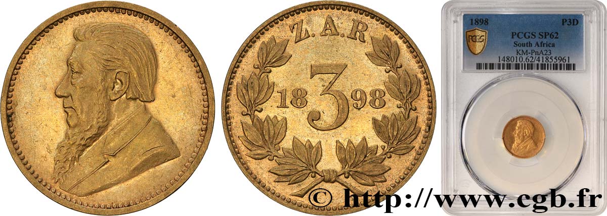 SüDAFRIKA Épreuve en or 3 Pence Kruger  1898  VZ62 PCGS