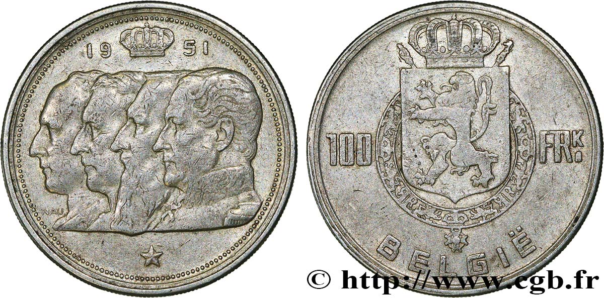 BELGIEN 100 Franken (Francs) Quatre rois de Belgique, légende flamande 1951  fVZ 