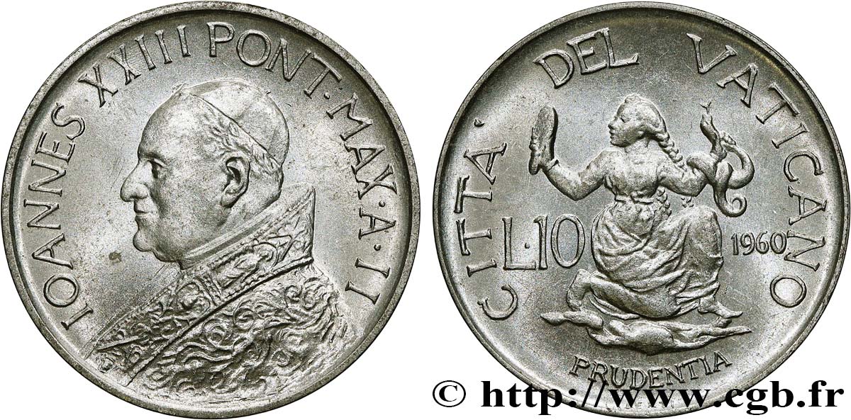 VATIKANSTAAT UND KIRCHENSTAAT 10 Lire Jean XXIII an II / la Prudence 1960 Rome fST