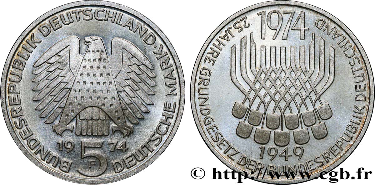 DEUTSCHLAND 5 Mark Proof 25e anniversaire de la République Fédérale 1974 Stuttgart fST