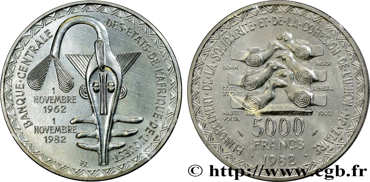 WEST AFRICAN STATES (BCEAO) Essai de 5000 Francs masque / oiseau 20e anniversaire de l’Union Monétaire 1982 Paris MS 