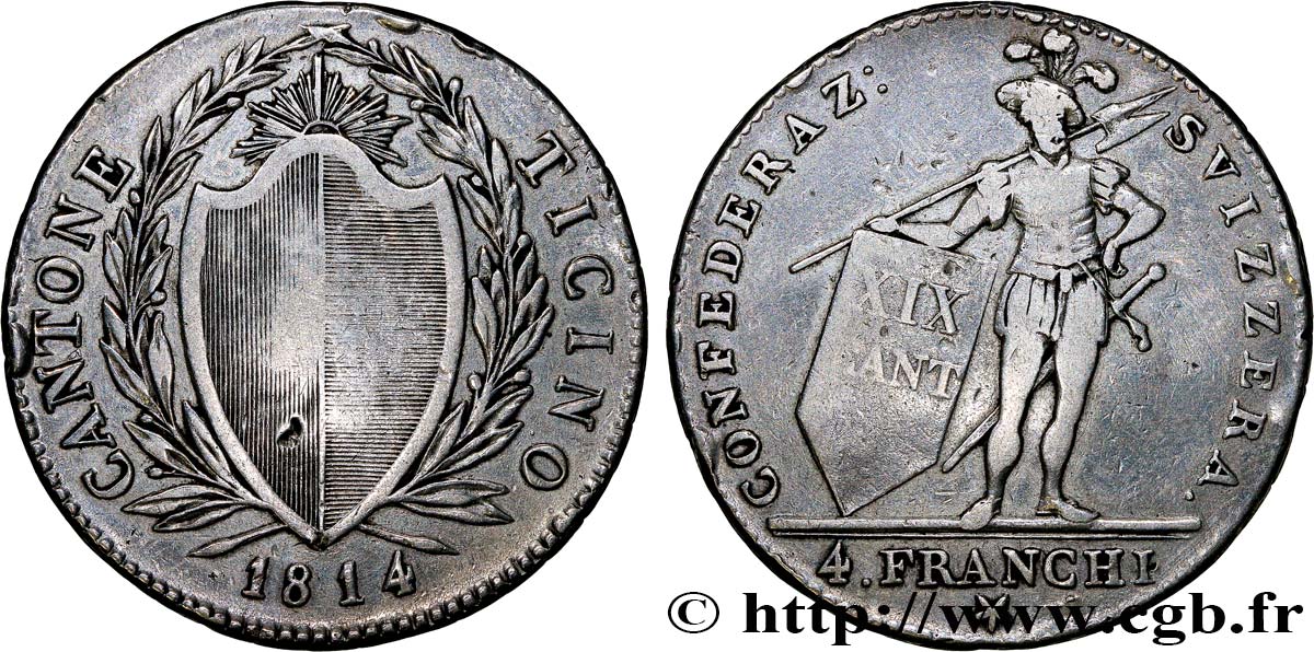 SWITZERLAND - CANTON OF TICINO 4 Franchi (Francs) 1814 Lucerne XF 
