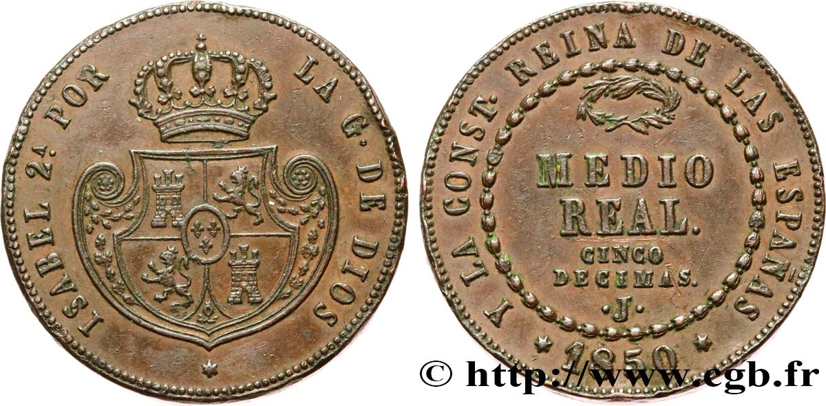 ESPAGNE 1/2 Real (Cinco Decima de Real) Isabelle II  1850 Jubia TTB+ 