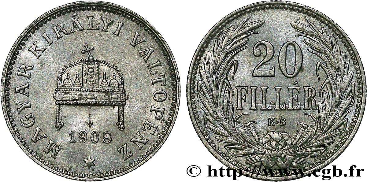 HONGRIE 20 Filler couronne 1908 Kremnitz - KB SPL 