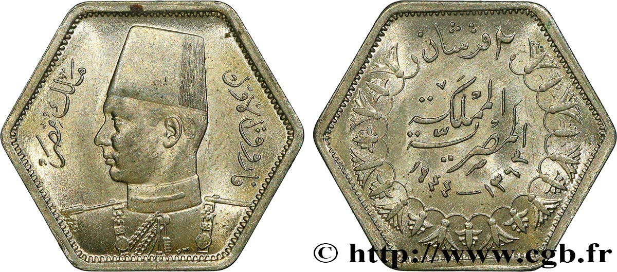 ÄGYPTEN 2 Piastres Roi Farouk an AH1363 1944  VZ 