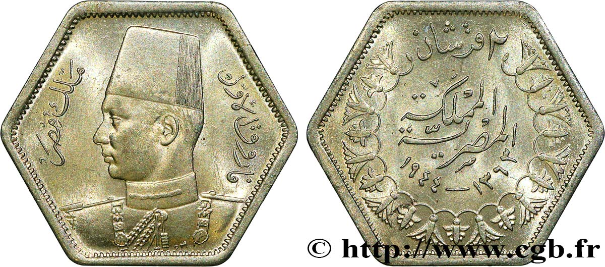 EGYPT 2 Piastres Roi Farouk an AH1363 1944  AU 