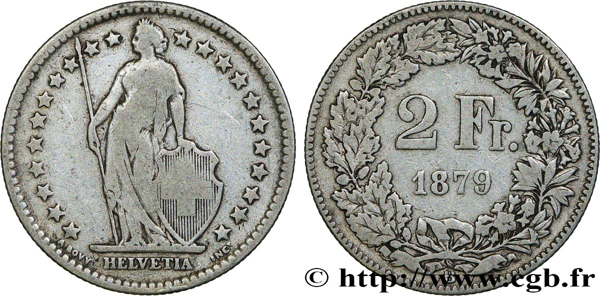 SWITZERLAND 2 Francs Helvetia 1879 Berne VF 