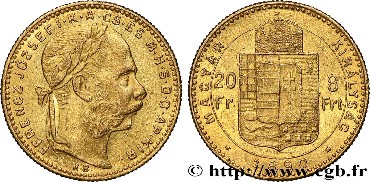 HONGRIE 20 Francs or ou 8 Forint François-Joseph Ier 1890 Kremnitz TTB+ 