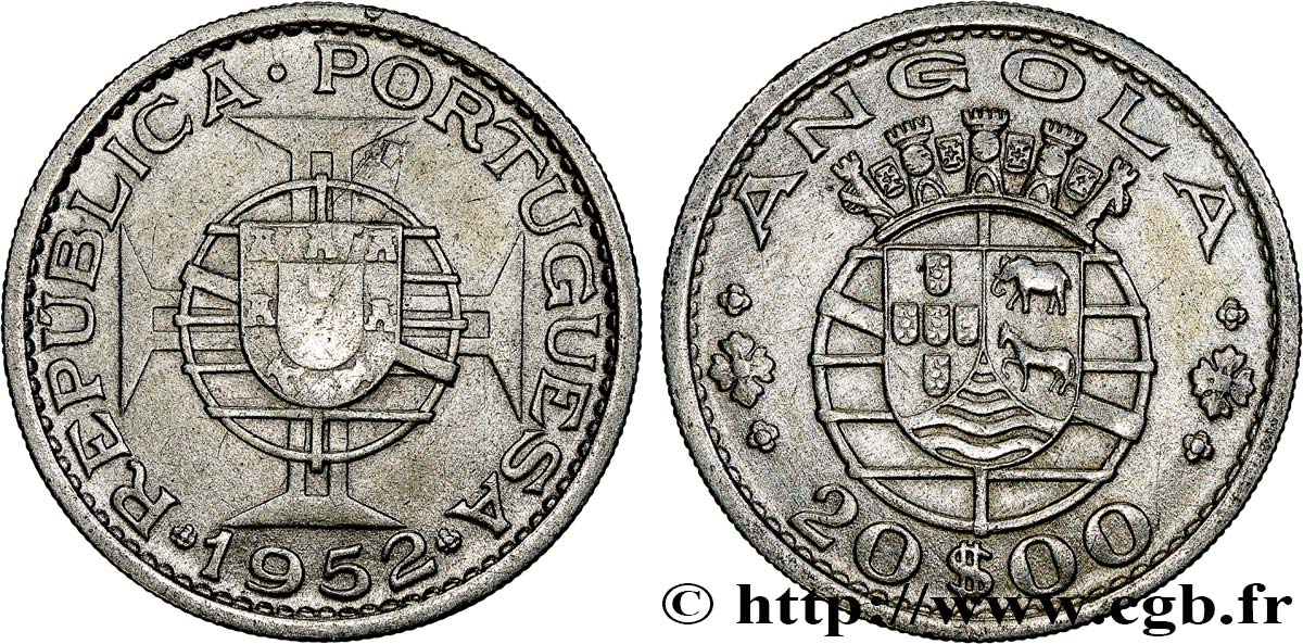 ANGOLA 20 Escudos emblème du Portugal 1952  XF 