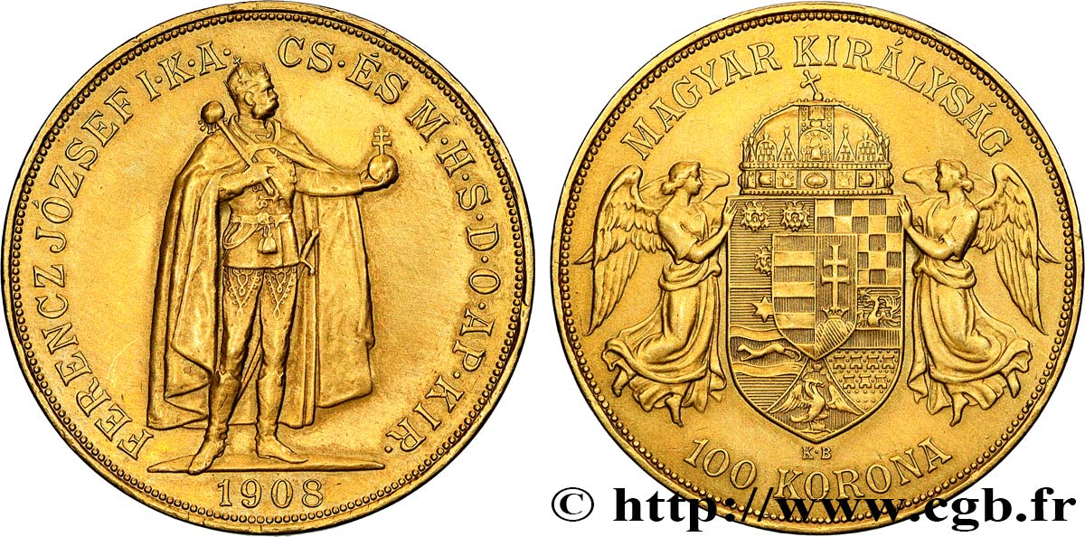 HUNGARY 100 corona en or, refrappe 1908 Kremnitz AU 