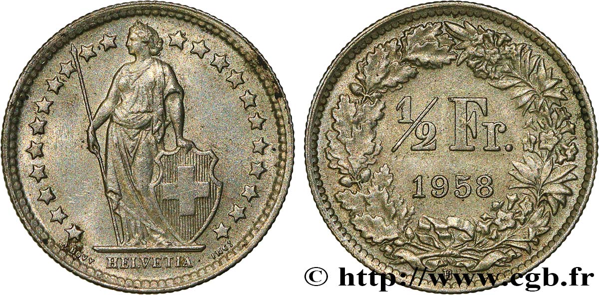 SUISSE 1/2 Franc Helvetia 1958 Berne SUP