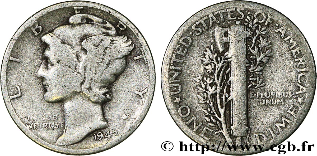 ÉTATS-UNIS D AMÉRIQUE 1 Dime Mercury 1942 Philadelphie TB